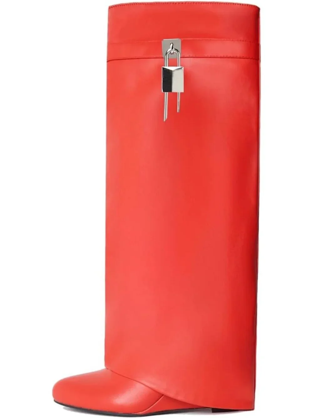 Women's Red Fold Over Wide Calf Wedge Heel Knee High With Decorative Lock Boot